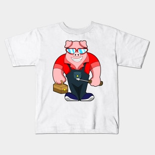 Pig as Mechatronics engineer with Tool box Kids T-Shirt